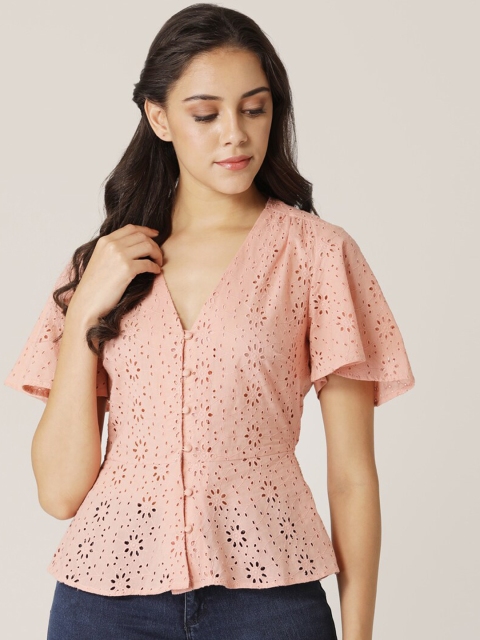 

DIVA WALK EXCLUSIVE Women Peach-Coloured Schiffli Self Design A-Line Pure Cotton Top