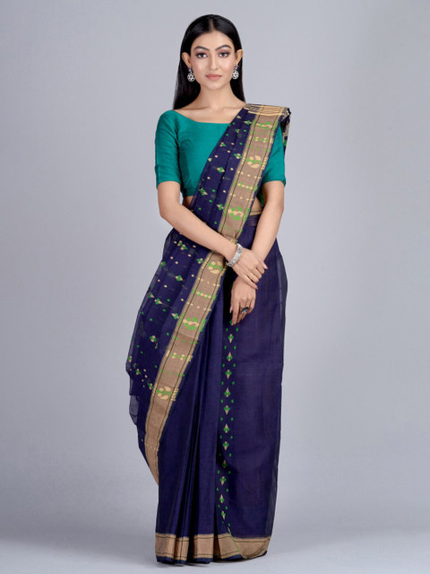 

Mitera Navy Blue & Gold Pure Cotton Woven Design Taant Saree