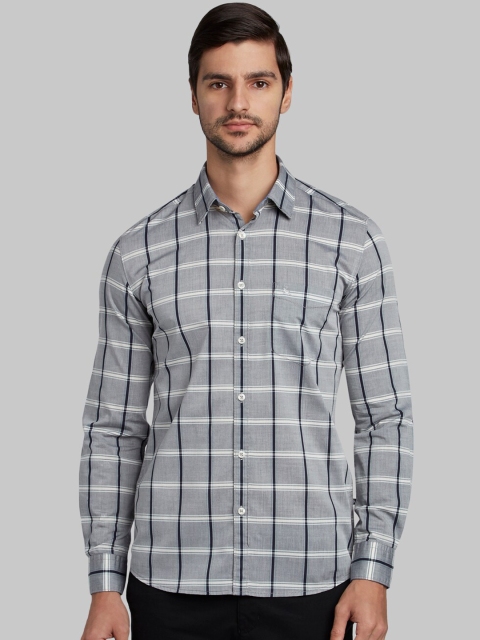Parx Men Grey & Black Slim Fit Checked Casual Shirt