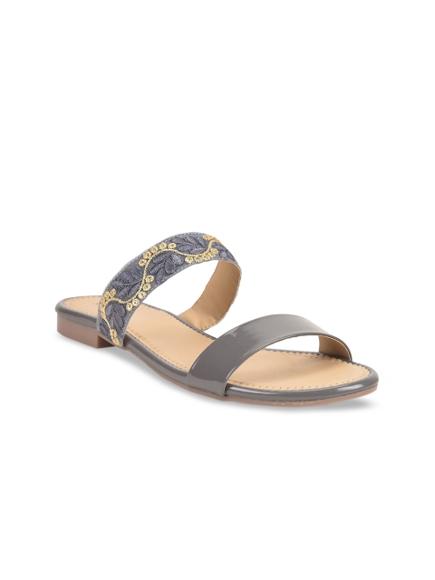 

SALARIO Women Grey Embroidered PU Open Toe Flats