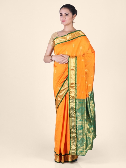

Hastakala Orange & Green Silk Blend Handloom Woven Design Paithani Saree