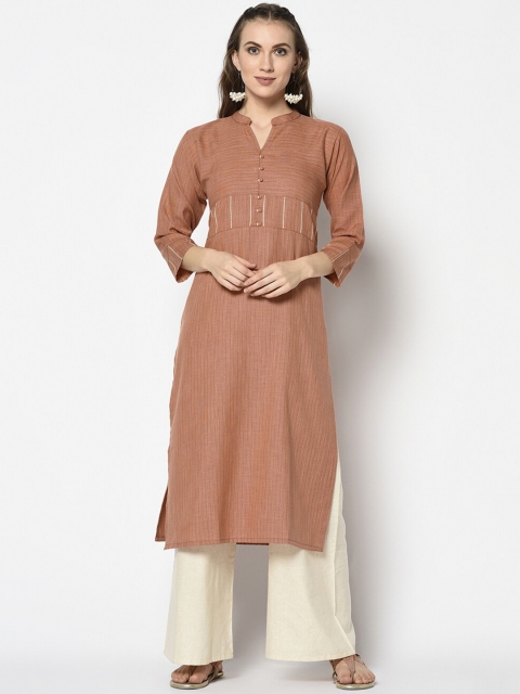 

Kvsfab Women Brown Striped Straight Kurta