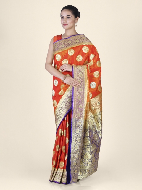 

Hastakala Orange & Navy Blue Silk Blend Woven Design Banarasi Handloom Saree