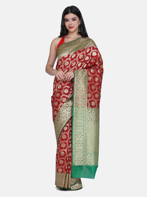 

BOMBAY SELECTIONS Green & Red Silk Blend Woven Design Banarasi Saree