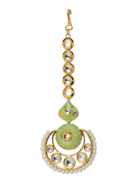 

INDYA Women Green & Gold Meenakari Kundan Chandbali Maang Tika