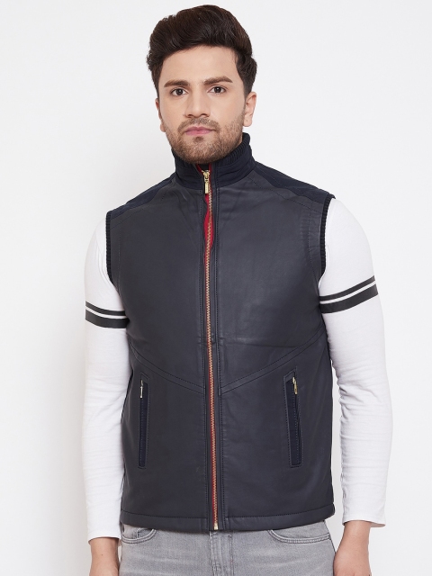 

Spirit Men Navy Blue Solid Windcheater Leather Jacket