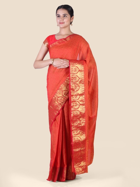 

CLAI WORLD Red Cotton Blend Handloom Woven Design Banarasi Saree