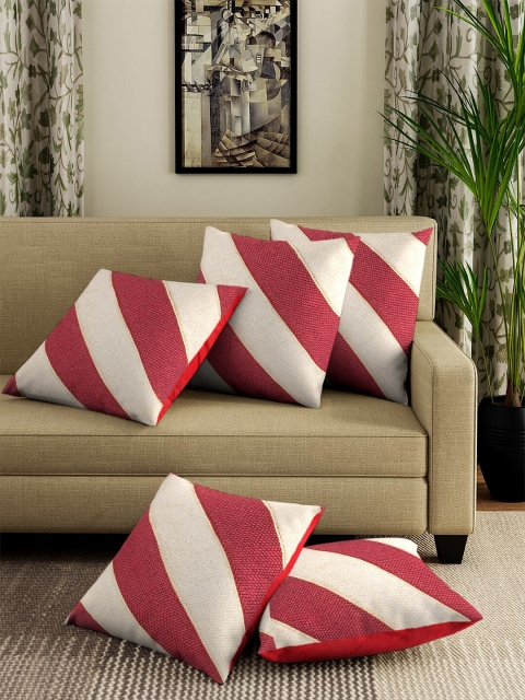 

DREAM WEAVERZ Red & White Set of 5 Striped Square Cushion Covers