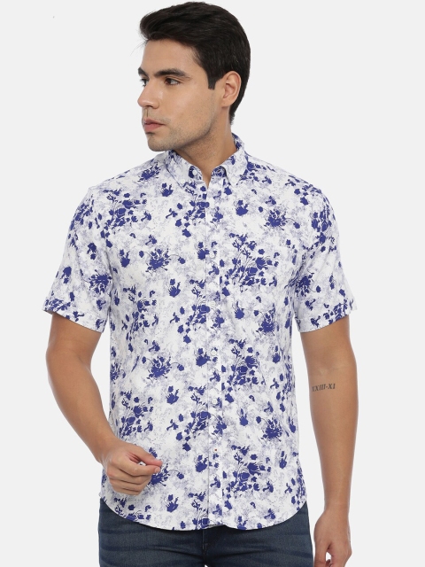 Bene Kleed Men White & Blue Regular Fit Floral Printed Casual Shirt