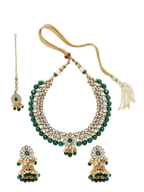 

ANIKAS CREATION Gold-Plated White & Green Kundan Stone-Studded Beaded Jewellery Set