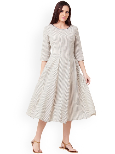 

IMARA Women Off-White & Black Striped Fit and Flare Dress