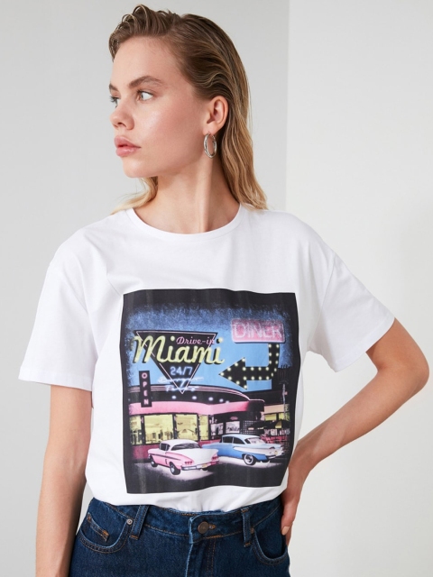 TRENDYOL COLLECTION Women White Printed Round Neck T-shirt