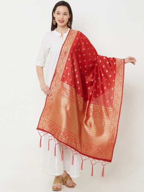 

Satrani Red & Rose Gold Woven Design Banarasi Dupatta