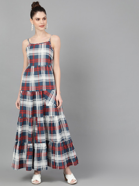 

AKS Women Blue & Red Checked Maxi Dress
