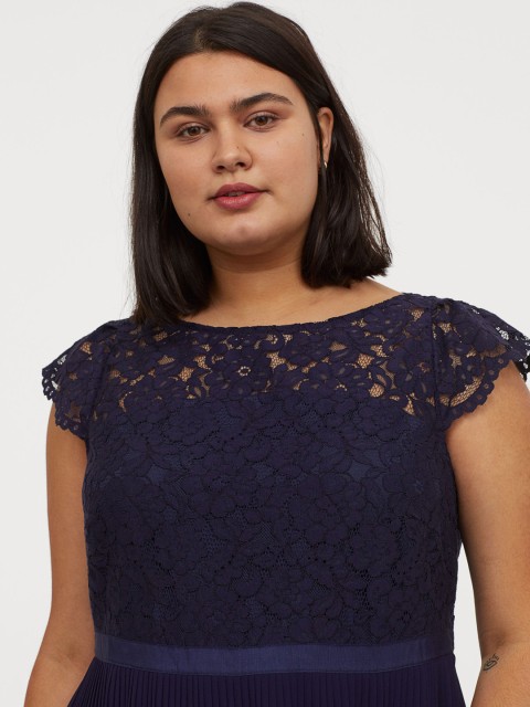 

H&M+ Women Navy Blue Lace Pleated Long Dress
