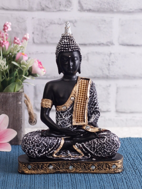 

WISHTANK Unisex Grey & Gold-Toned Diamond Studded Samdhi Buddha Showpiece