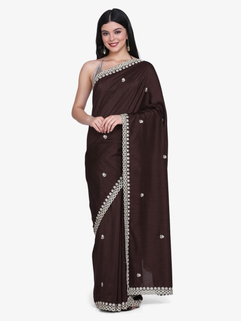 

BOMBAY SELECTIONS Brown Embroidered Silk Blend Saree