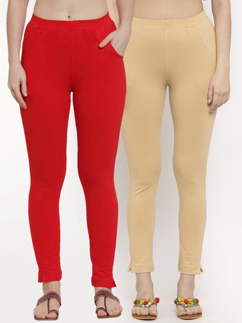 

TAG 7 Women Pack Of 2 Solid Ankle-Length Leggings, Beige