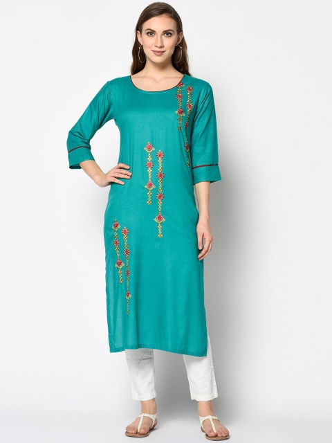 

Kvsfab Women Sea Green & Red Floral Embroidered Straight Kurta