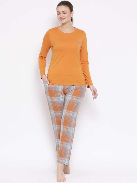 

Kanvin Women Orange & Grey Checked Night Suit