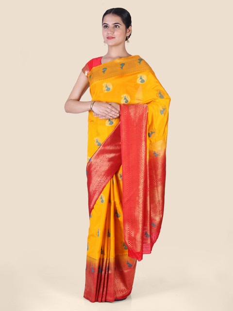 

CLAI WORLD Yellow & Red Silk Blend Handloom Woven Design Saree