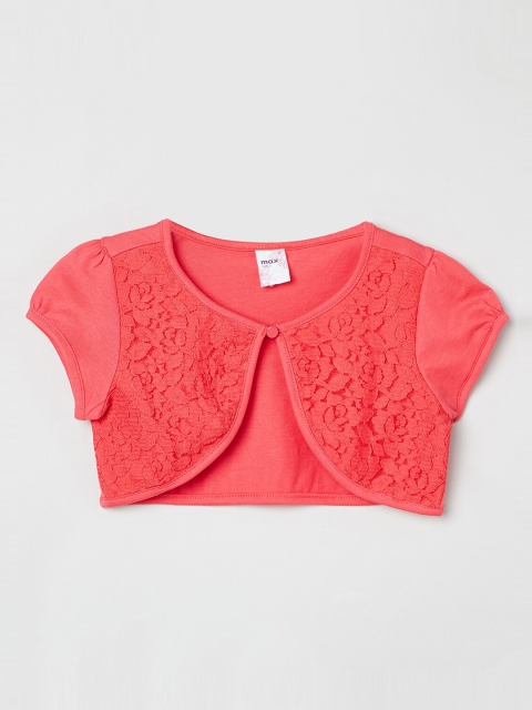 

max Girls Coral Pink Self Design Floral Lace Button Shrug