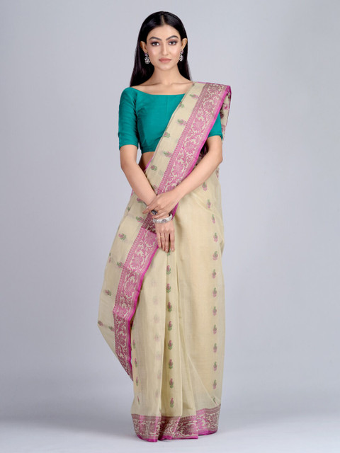 

Mitera Beige & Pink Pure Cotton Printed Handloom Taant Saree