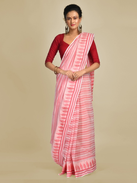 

Mitera White & Pink Pure Cotton Striped Taant Saree