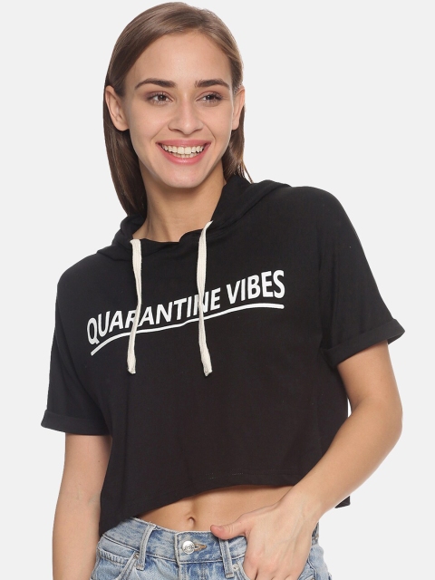 

Campus Sutra Women Black Printed Hooded Top