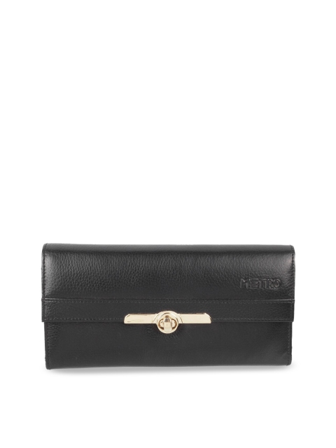 

Metro Women Black Solid Leather Three Fold Wallet