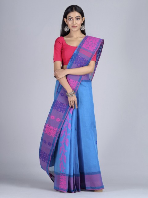 

Mitera Blue & Pink Pure Cotton Woven Design Handloom Taant Saree