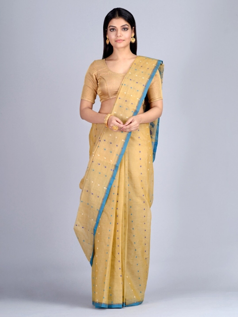 

Mitera Beige & Navy Blue Pure Cotton Woven Design Hand Woven Taant Saree