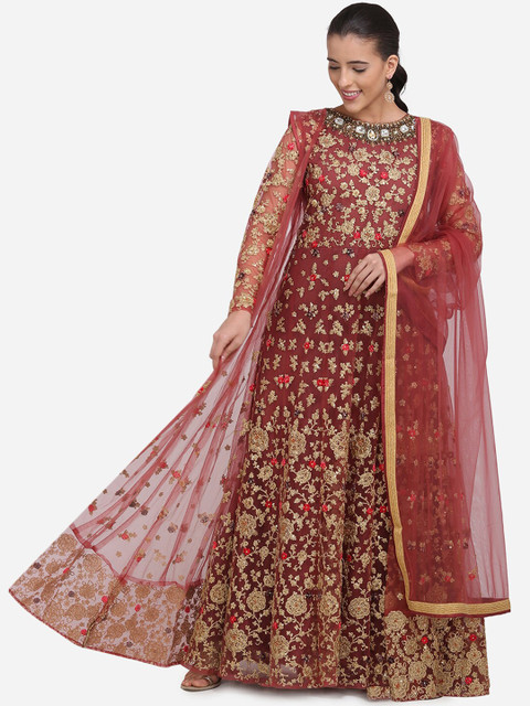 

Stylee LIFESTYLE Maroon Net Semi-Stitched Dress Material