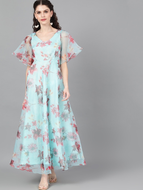 

AKS Women Turquoise Blue & Pink Floral Printed Maxi Dress