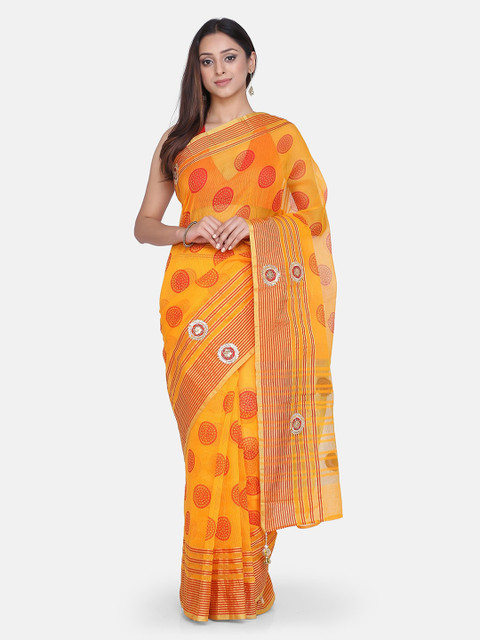 

BOMBAY SELECTIONS Orange & Yellow Silk Blend Printed Chanderi Handloom Saree