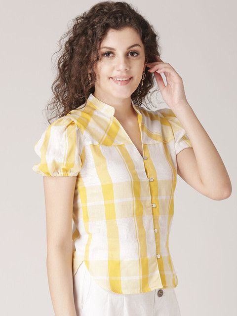 

DIVA WALK EXCLUSIVE Women Yellow & White Checked Shirt Style Top