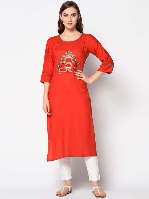 

Kvsfab Women Red Embroidered Straight Kurta