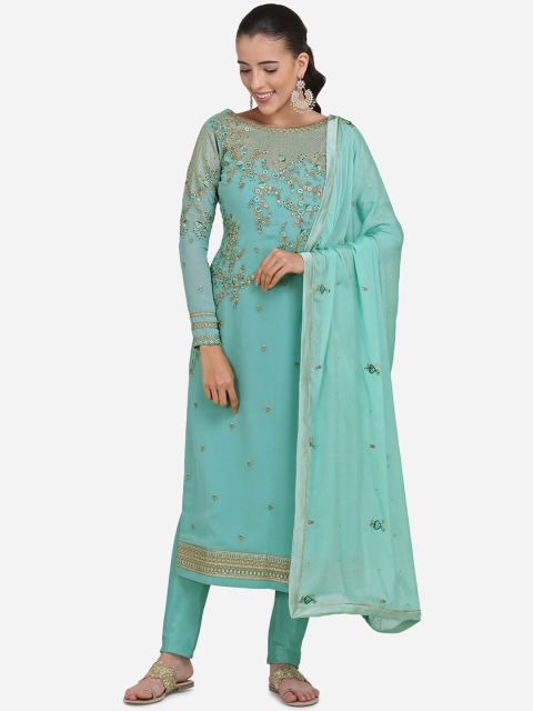 

Stylee LIFESTYLE Turquoise Blue & Gold-Toned Poly Georgette Unstitched Dress Material