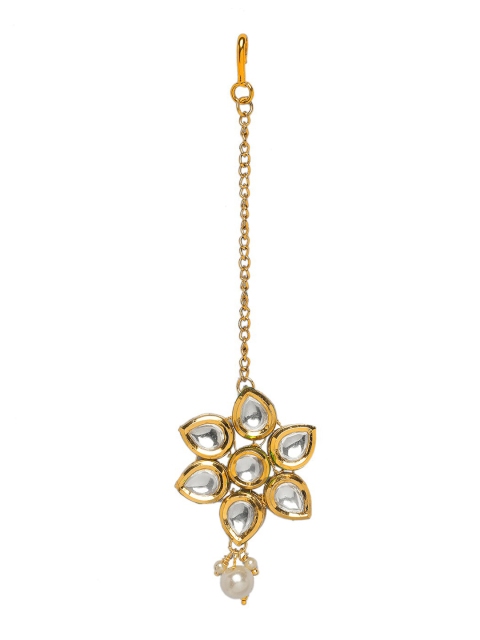 

INDYA Gold-Plated & White Kundan Studded Floral Pearl Drop Maang Tika