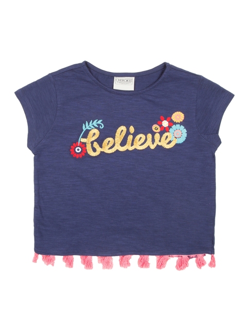

Cherokee Girls Navy Blue Embroidered Pure Cotton Top