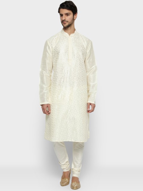 

Ethnix by Raymond Men Cream-Coloured Woven Design Straight Kurta