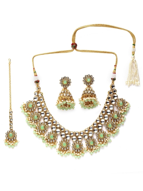 

ANIKAS CREATION Gold-Plated White & Green Kundan Beaded Handcrafted Jewellery Set