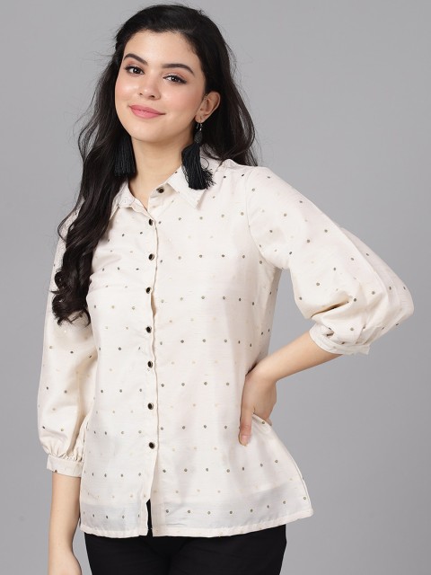 

AKS Women Off-White Comfort Regular Fit Printed Casual Shirt