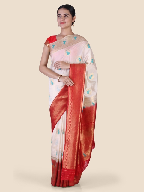 

CLAI WORLD Off-White & Red Silk Blend Woven Design Handloom Saree
