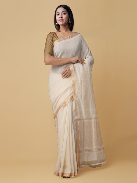 

Unnati Silks White & Gold-Toned Pure Cotton Woven Design Mangalagiri Saree