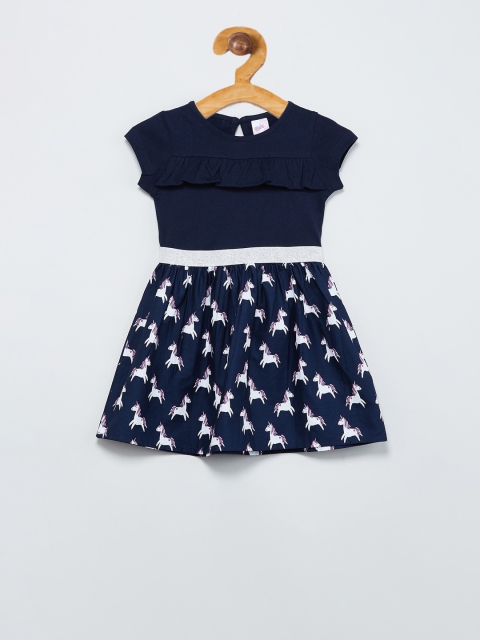 max Girls Navy Blue Printed Fit and Flare Dress