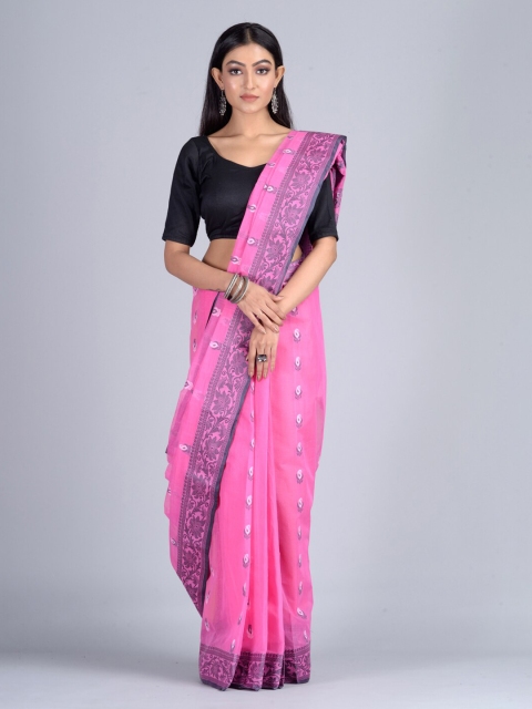 

Mitera Pink Pure Cotton Printed Handloom Taant Saree