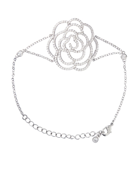 

shaze Brass Rhodium-Plated Zircon Studded Wraparound Bracelet, Silver