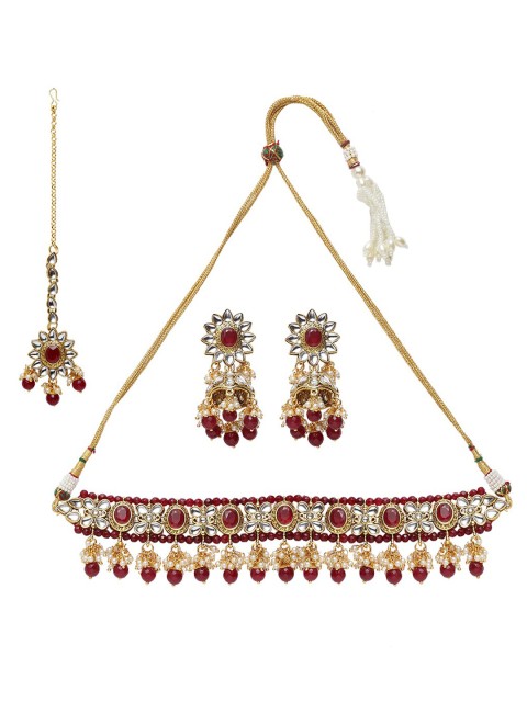 

ANIKAS CREATION Gold-Plated Maroon & White Kundan-Studded Handcrafted Jewellery Set