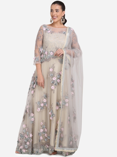 

Stylee LIFESTYLE Cream-Coloured & Grey Net Semi-Stitched Dress Material